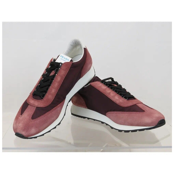 PRADA 2EG276 PINK SUEDE STRIPE BURGUNDY LOGO LOW TOP SNEAKERS 8.5 / US 9.5 ITALY main image 6